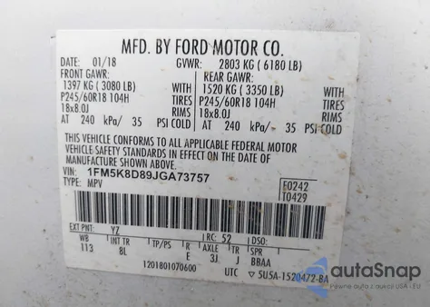 2018 Ford Explorer Xlt z USA, uszkodzony, nr VIN 1FM5K8D89JGA73757